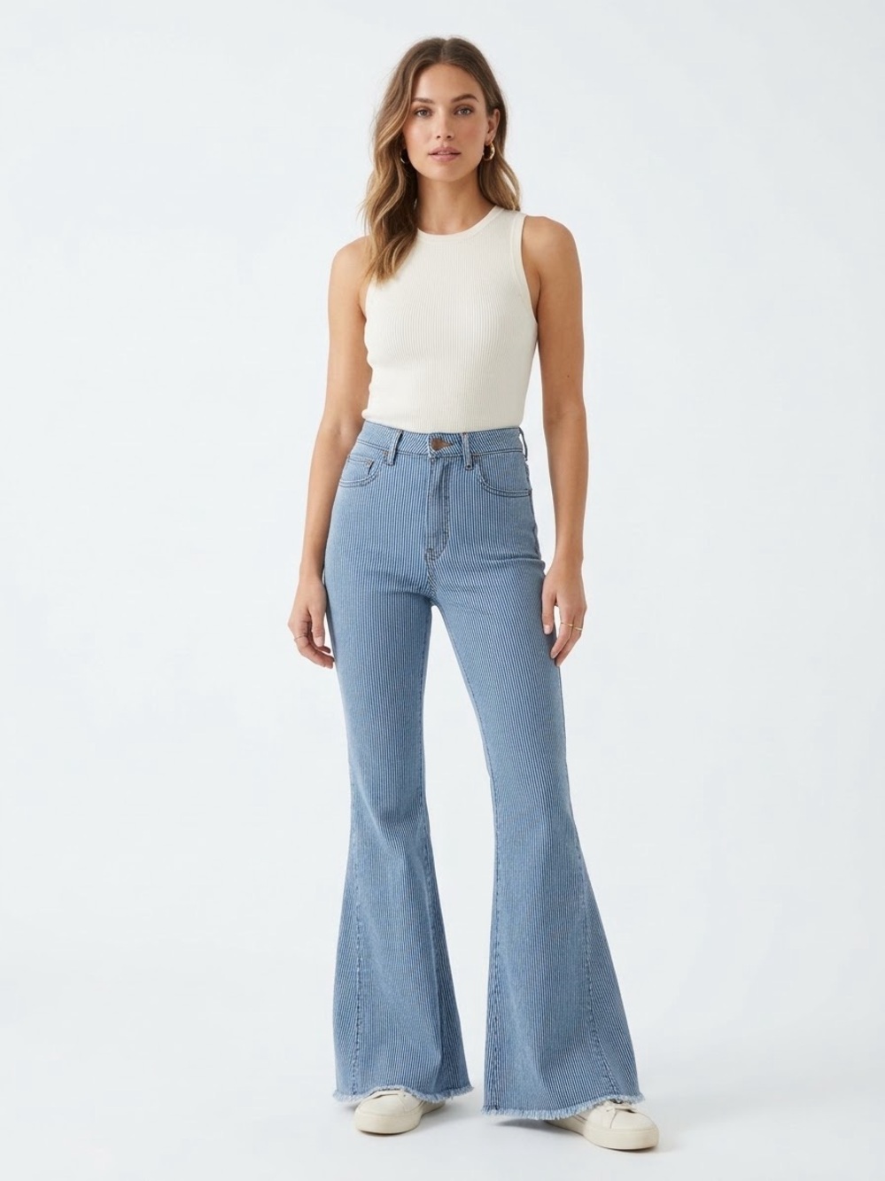 Show Me Your Mumu Berkeley Bells High Rise Pinstripe Flare Jeans Size 24